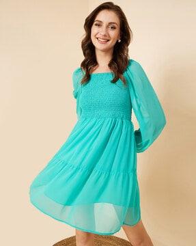 square-neck tiered dress with puff sleeves