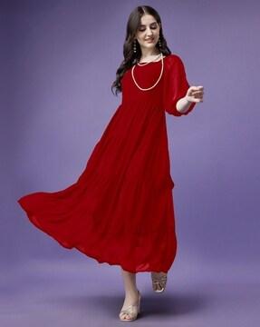 square-neck tiered dress with puff sleeves