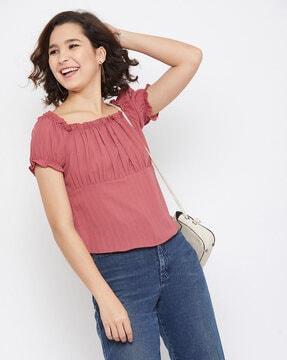 square-neck top with elasticated sleeve hems