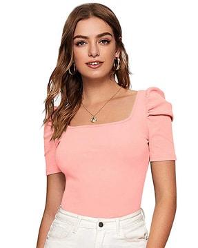 square-neck top with puff-sleeves