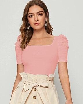 square-neck top with puff sleeves