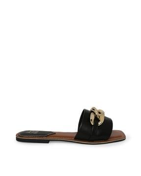 square-toe flat sandals with metal accent