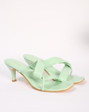 square-toe linked strap kitten heeled sandals