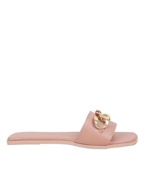 square-toe slip-on flat sandals with metal accent