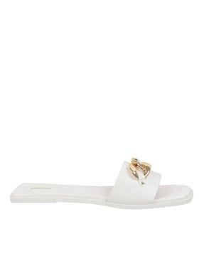 square-toe slip-on flat sandals with metal accent