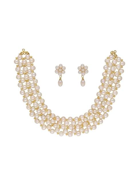 sri jagdamba pearls abarna white pearl & golden beads choker necklace set