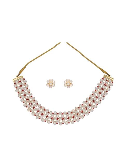 sri jagdamba pearls eeshta 1 line white pearl & red beads choker necklace set
