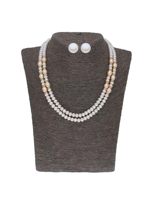 sri jagdamba pearls 2 line pearl white & pink alloy necklace set