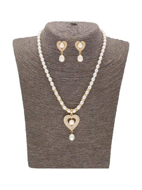 sri jagdamba pearls devotion pearl white & golden necklace and earring set