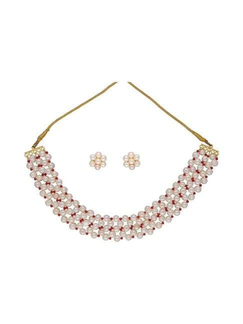 sri jagdamba pearls eeshta 1 line white pearl & red beads choker necklace set
