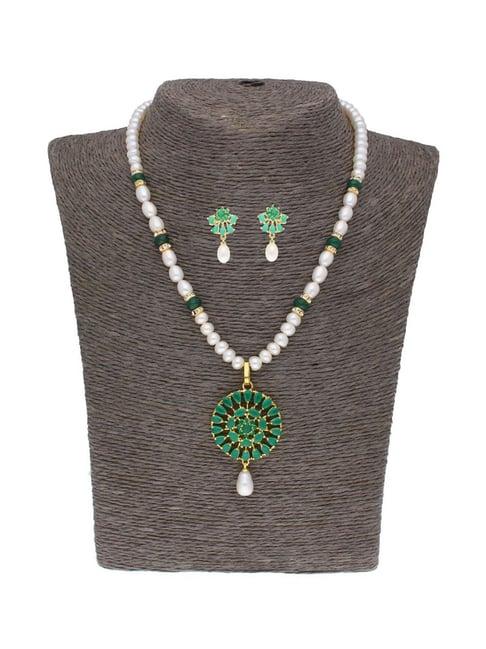sri jagdamba pearls green & white pearl gold plated necklace set