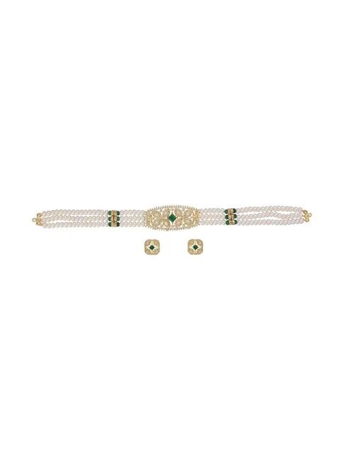 sri jagdamba pearls kavya green & pearl white alloy necklace & earring set