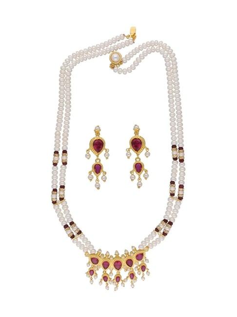 sri jagdamba pearls lajita pearl white & pink alloy necklace & earring set