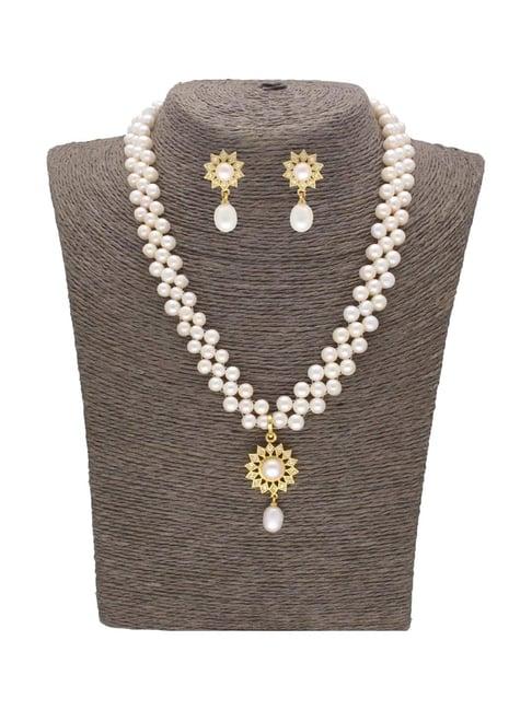 sri jagdamba pearls pearl white & golden necklace and earring set