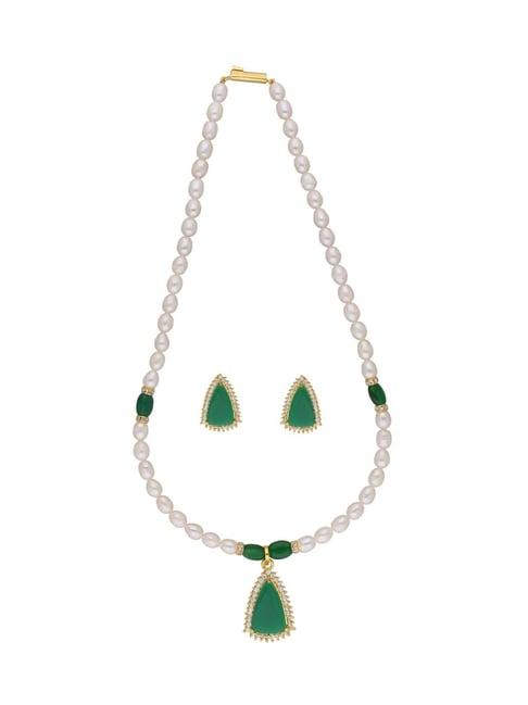 sri jagdamba pearls saanvi green & pearl white alloy necklace & earring set