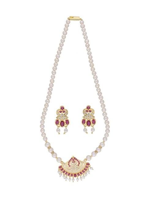 sri jagdamba pearls tulsi pearl white & pink alloy necklace & earring set