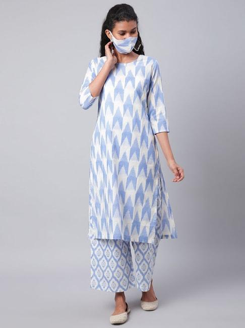sringam white & blue cotton printed kurta palazzo set with mask