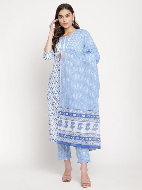 sringam white & blue printed kurta with pant & dupatta