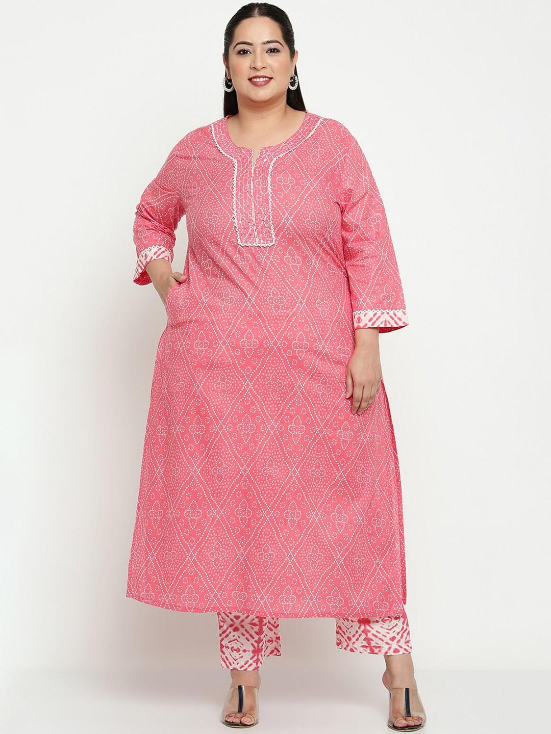 sringam women  plus size bandhani printed pure cotton straight kurta with trousers