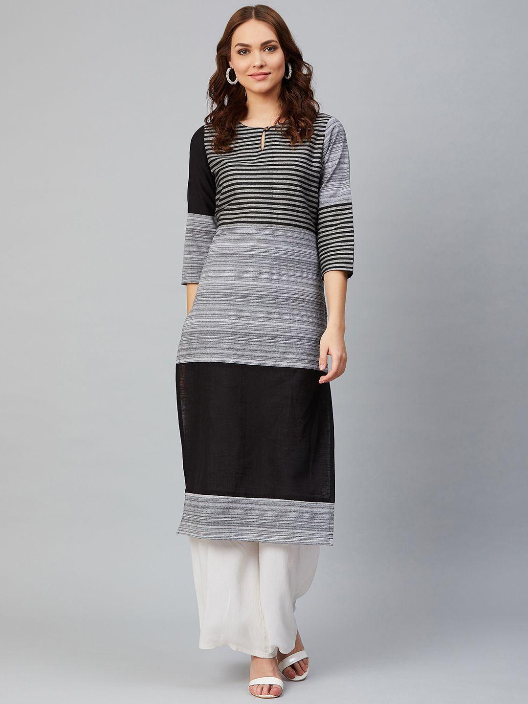 sringam women black & grey striped straight kurta