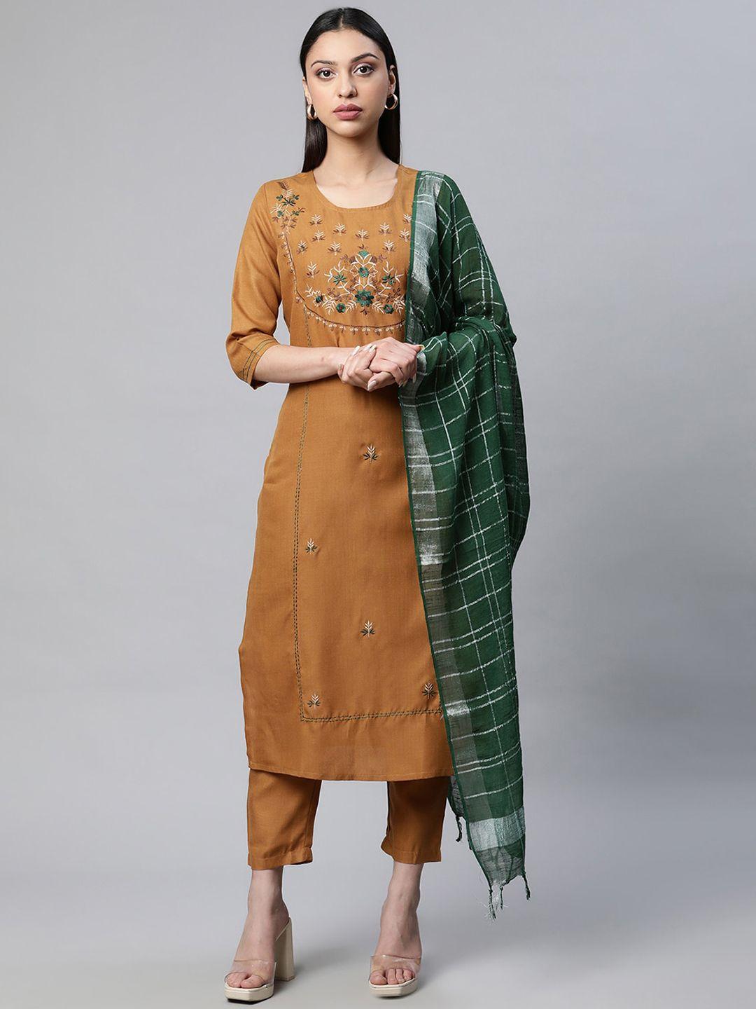 sringam women brown floral embroidered pure cotton kurta with trousers & with dupatta