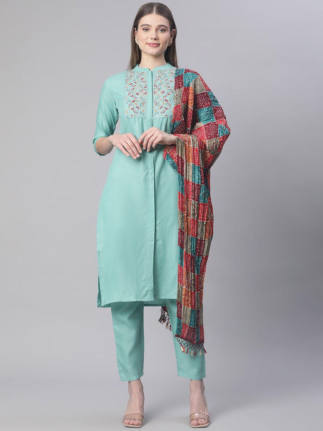 sringam women green embroidered panelled pure cotton kurti with trousers & with dupatta
