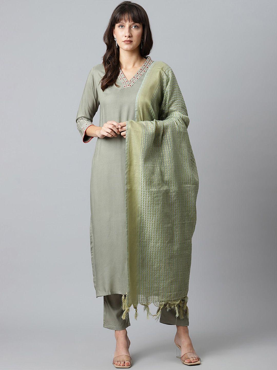 sringam women olive green ethnic motifs regular kurta with trousers &  dupatta