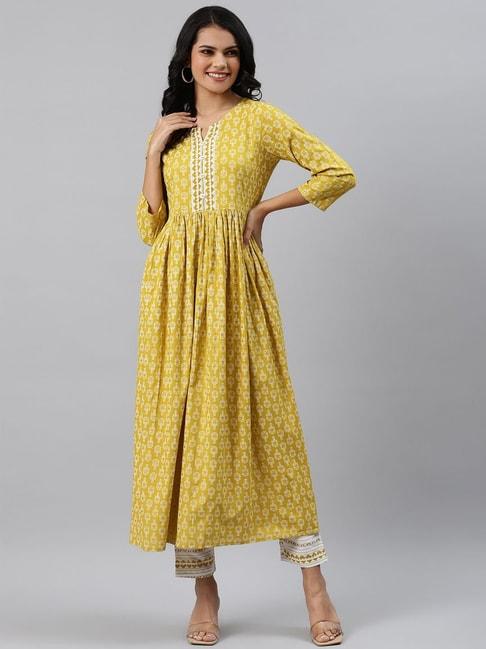 sringam yellow & white printed kurta pant set