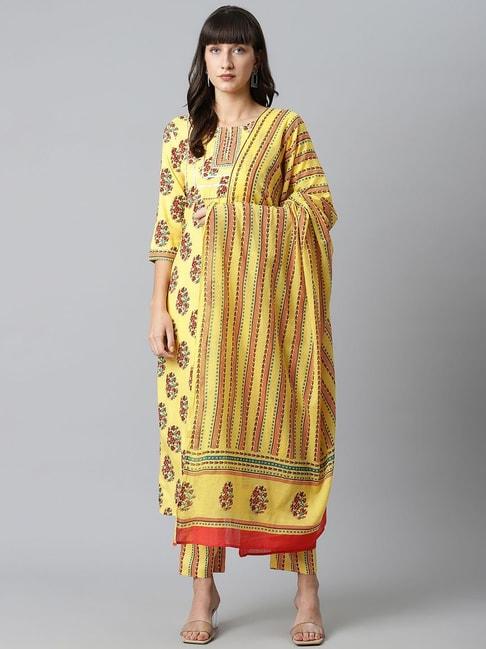 sringam yellow printed kurta pant set with dupatta