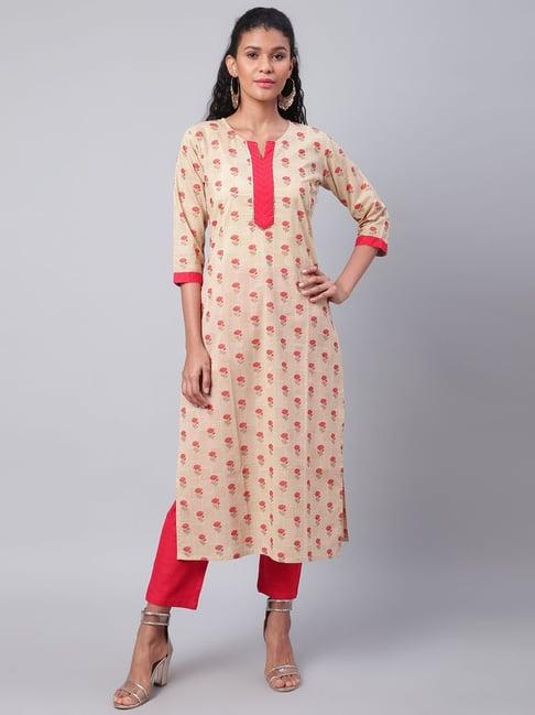 sringam beige & pink cotton printed kurta pant set