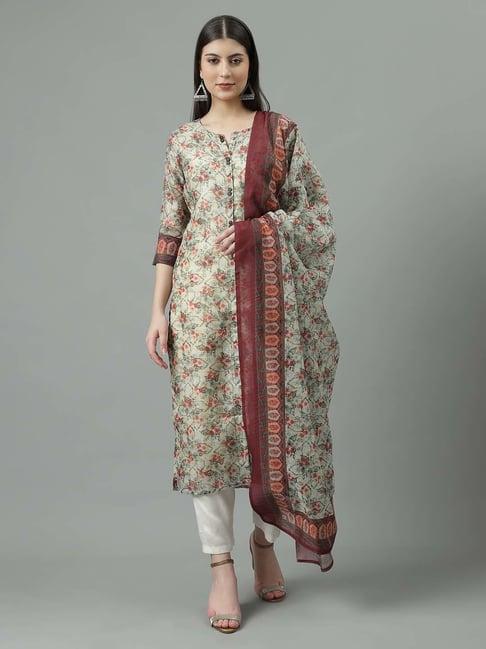 sringam beige & white floral print kurta pant set with dupatta