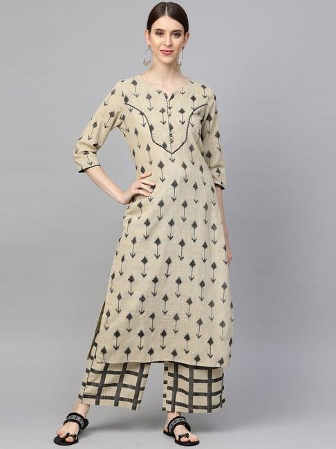 sringam beige cotton printed kurta palazzo set