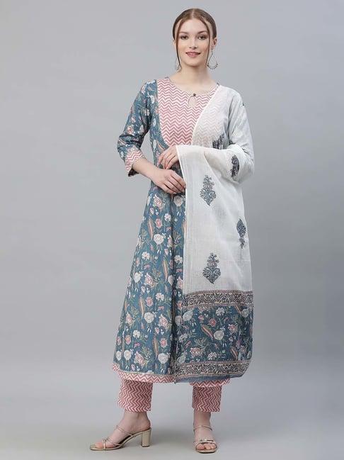 sringam blue & pink cotton floral print kurta pant set with dupatta