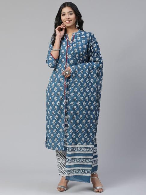 sringam blue & white cotton printed kurta pant set with dupatta