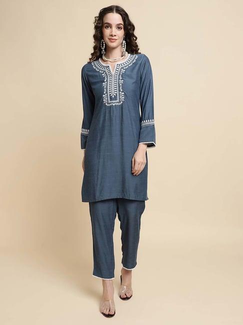 sringam blue embroidered kurti pant set