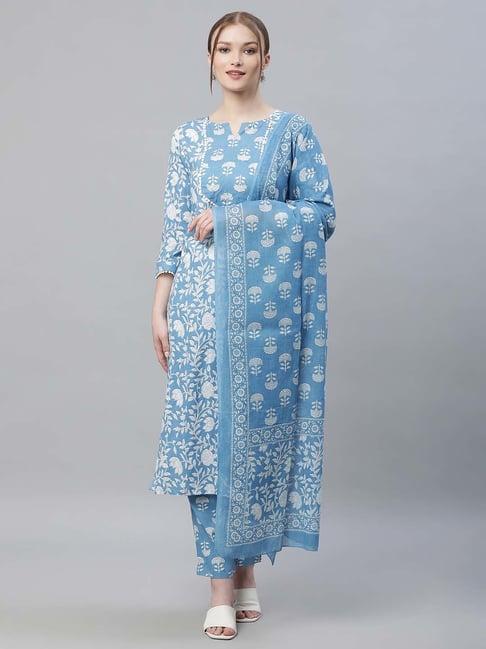 sringam blue floral print kurta pant set with dupatta