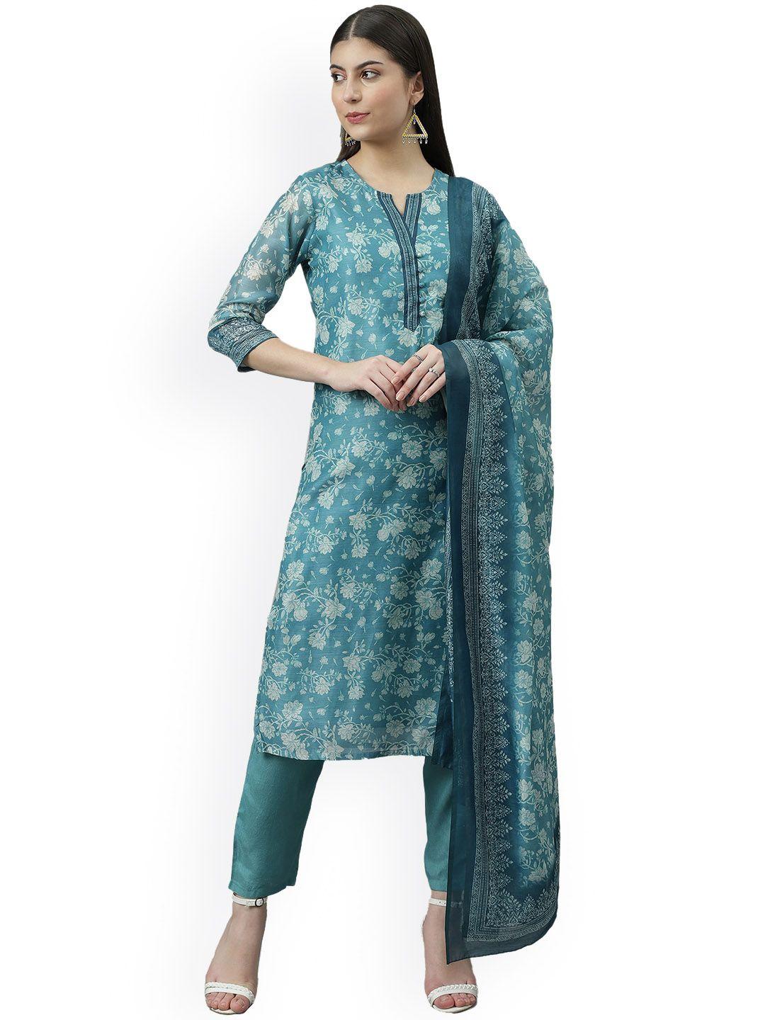 sringam floral printed chanderi cotton kurta with trousers & dupatta