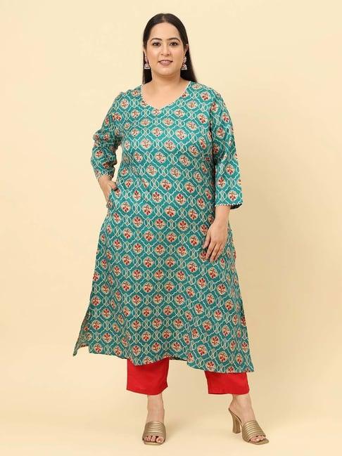 sringam green & red floral print kurta pant set