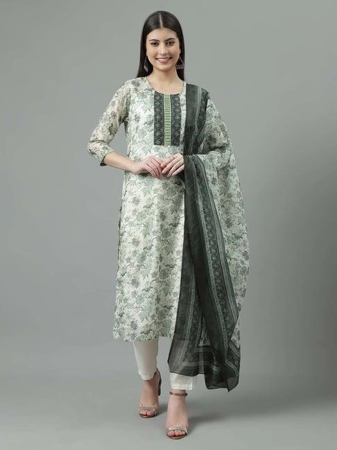 sringam green & white floral print kurta pant set with dupatta