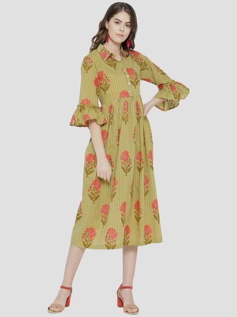 sringam green cotton printed a-line dress dress