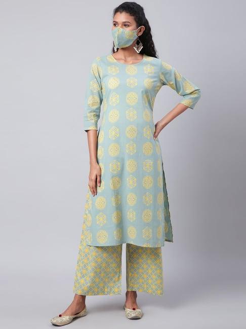 sringam green cotton printed kurta palazzo set with mask