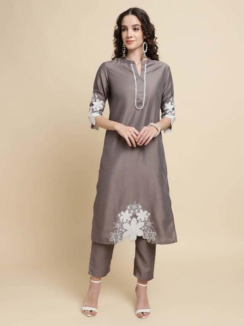 sringam grey embroidered kurta pant set