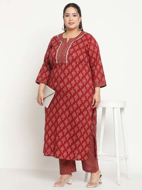 sringam maroon cotton floral print kurta pant set