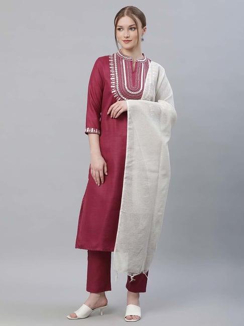 sringam maroon embroidered kurta pant set with dupatta