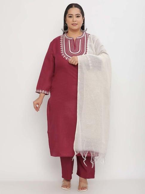 sringam maroon embroidered kurta pant set with dupatta