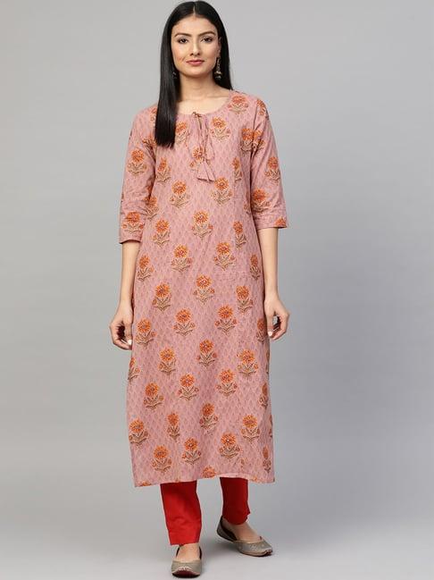 sringam peach cotton printed straight kurta