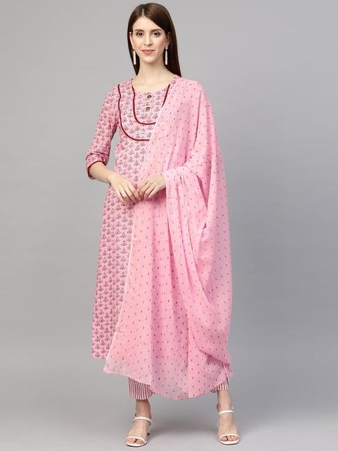 sringam pink cotton printed kurta pant set with dupatta