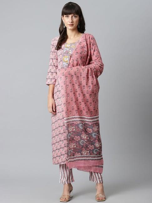 sringam pink cotton printed kurta pant set with dupatta