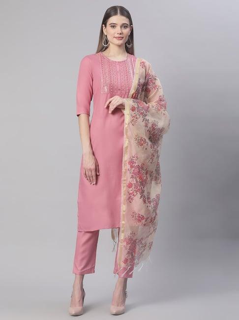 sringam pink embroidered kurta pant set with dupatta