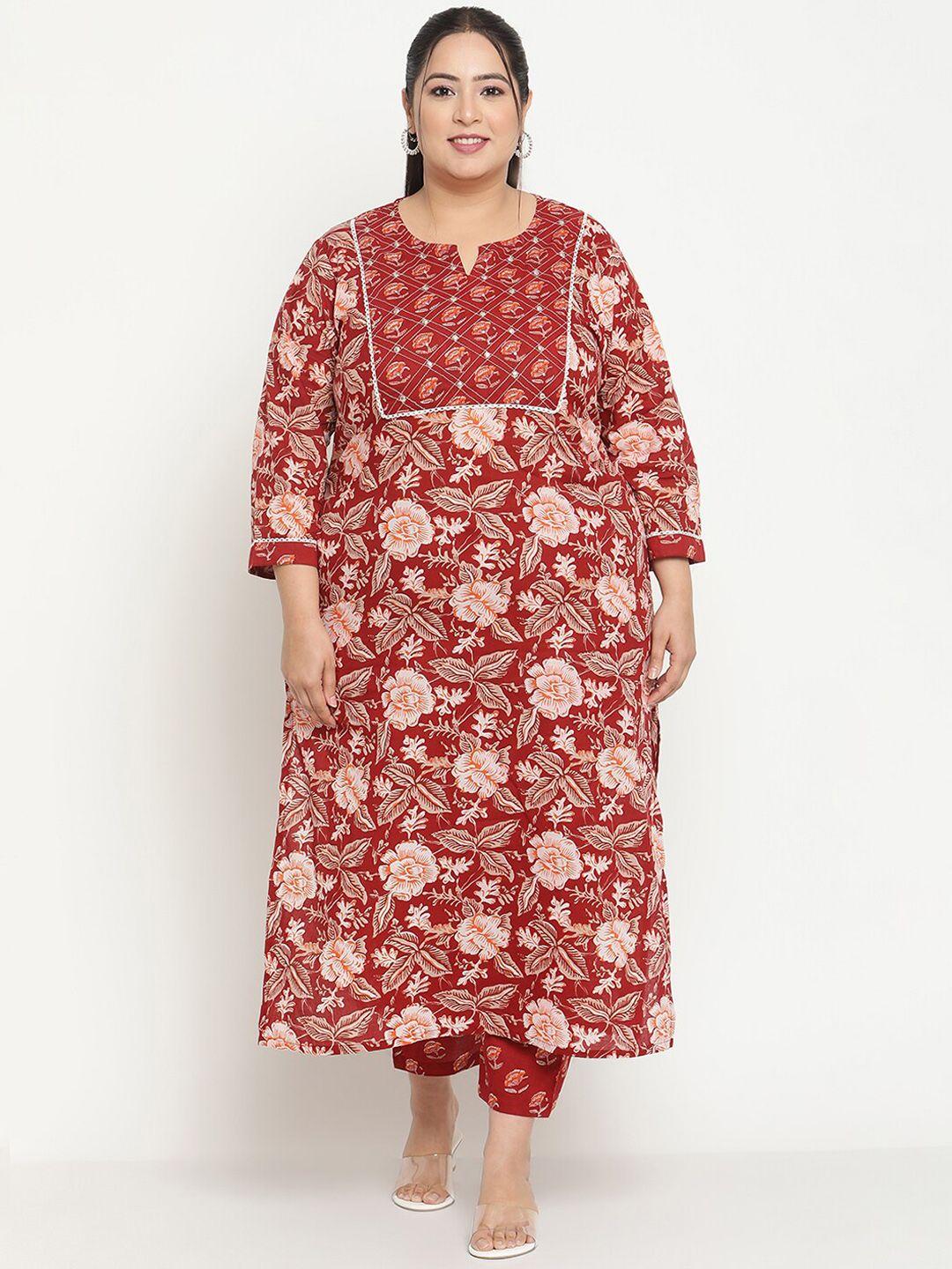 sringam plus size floral printed beads and stones screen pure cotton kurta with trousers